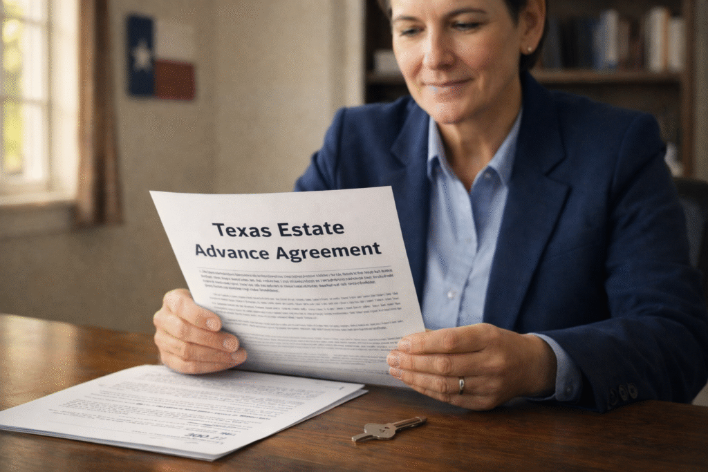 A Texas heir calmly reviewing an estate advance agreement, finding a financial solution for their inherited property during probate.