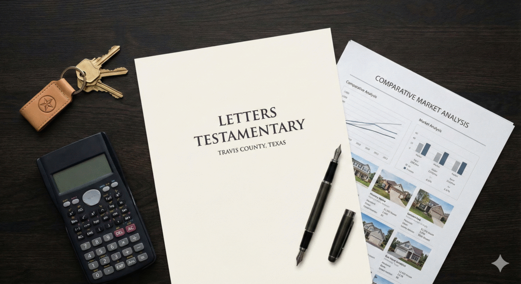 Texas probate documents, including Letters Testamentary and a CMA, used to calculate stepped-up basis and minimize capital gains tax.