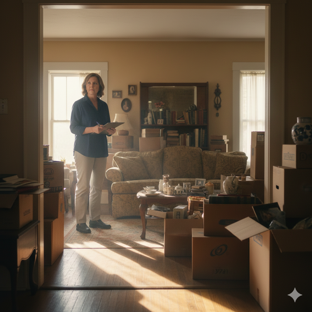How Much Does It Cost To Clean Out An Inherited House In Austin, Texas?  An executor thoughtfully plans an inherited house cleanout in a cluttered Austin home, with sunlight showing a clear path forward.
