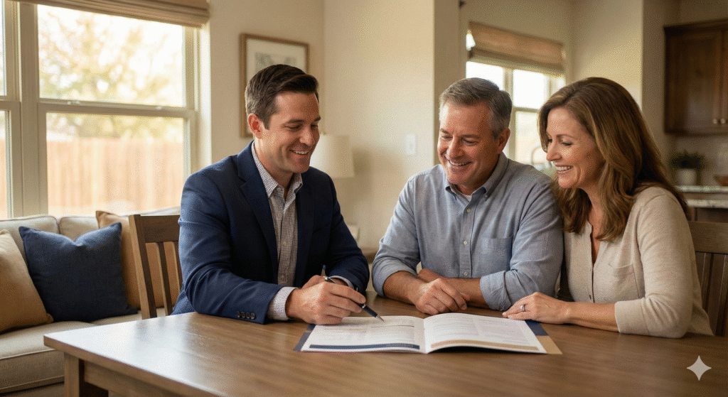 A Texas couple reviews documents with a probate expert, finding relief from concerns about capital gains tax on inherited property.
