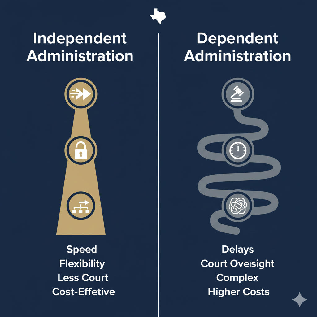 Do You Need An Attorney To Sell Probate Property In Texas?
Infographic comparing the simple path of Independent Administration to the complex path of Dependent Administration for selling Texas probate property.