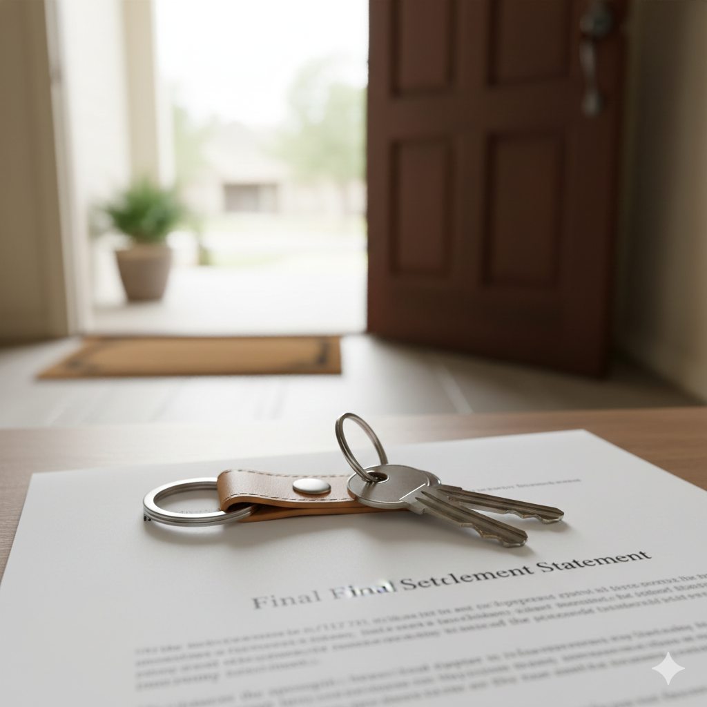 How to Determine the Fair Market Value of an Inherited Property in Austin, Texas. House keys on a settlement document, symbolizing the successful sale of an inherited property in Austin, Texas.