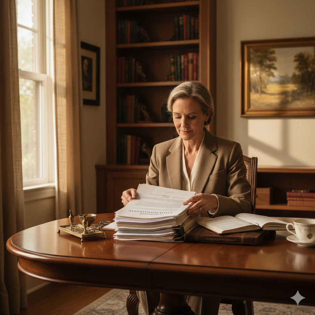 An executor calmly organizes Texas probate documents, including Letters Testamentary, on a sunlit table.