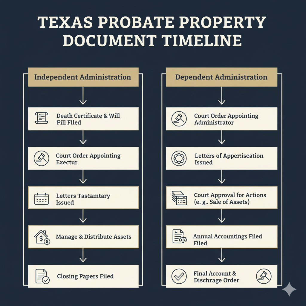 Infographic shows the document timeline for selling probate property in Texas under independent vs. dependent administration.