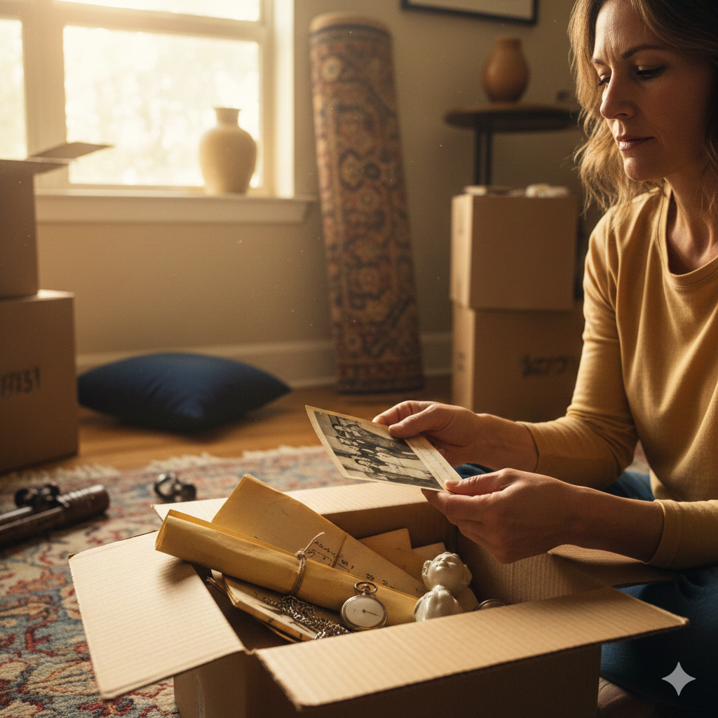 What Should You Do With Personal Property in an Inherited House in Austin Texas?  Executor carefully sorting through personal property and photos in an inherited Austin house, planning the next steps.
