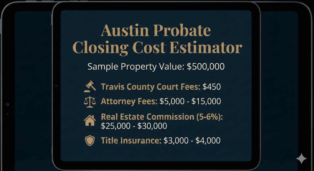 What Are The Closing Costs When Selling Probate Property in Austin?
Digital infographic on a tablet showing estimated Austin probate closing costs for a $500,000 property, including attorney fees and court costs.