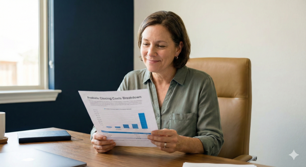 What Are The Closing Costs When Selling Probate Property in Austin? Middle-aged executor in a sunlit Austin home office looking at a document of probate closing costs with a calm, relieved expression.