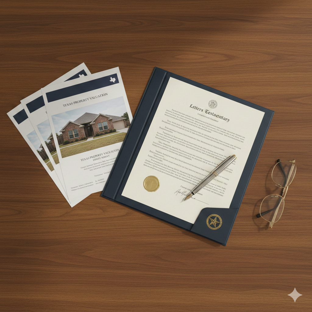 Can You Sell Your Parents' House If You Are the Executor in Texas?
An executor's desk with essential Texas probate documents like Letters Testamentary and a property appraisal, showing the sale process.