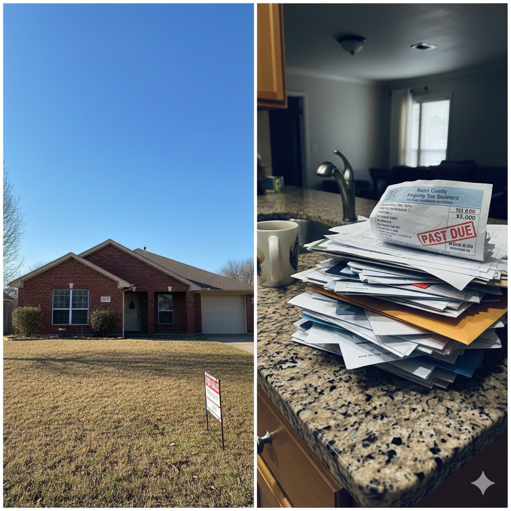 How Long Do You Have To Sell An Inherited Property In Texas?
Split image showing a vacant Texas house and the accumulating property tax bills, illustrating the carrying costs of probate.
