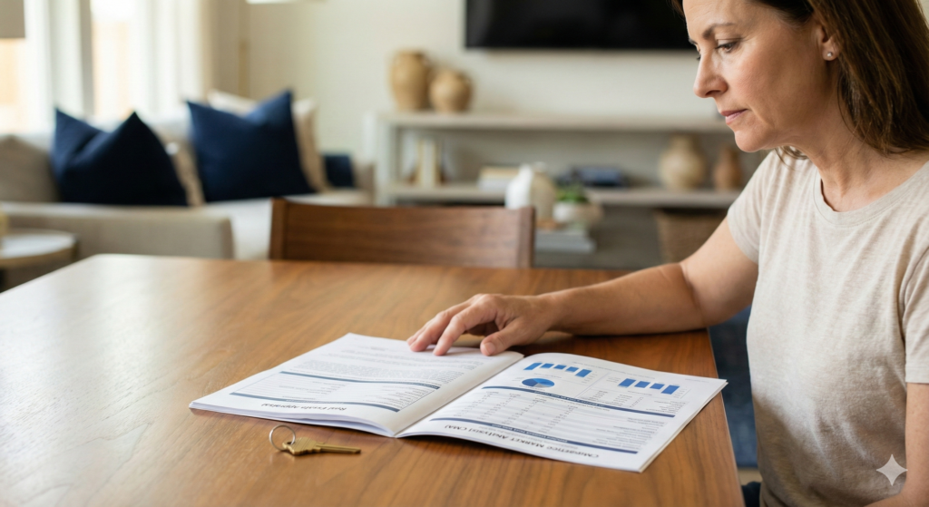 Do You Need An Appraisal To Sell Inherited Property In Austin Texas?  Mature homeowner thoughtfully reviewing property appraisal and CMA documents at a wooden table in a modern Austin home, making a real estate decision.