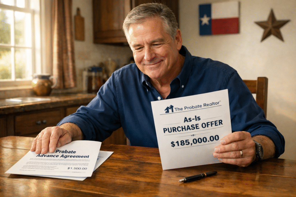 A Texas heir at a table makes the smart financial choice between a costly probate advance and a better offer to sell an inherited property as-is.
