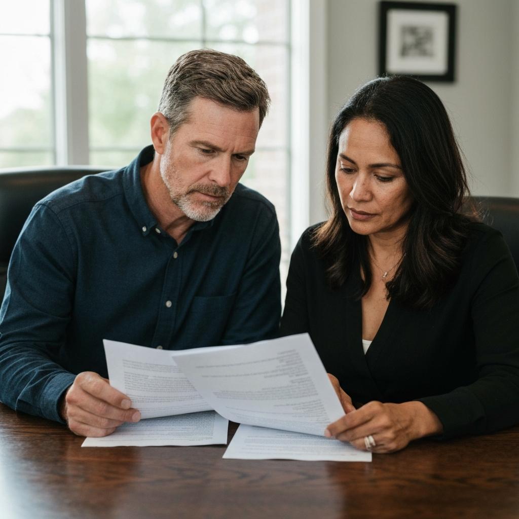 Professional couple carefully reviewing documents concerning capital gains tax on an inherited property in their modern Texas home office.