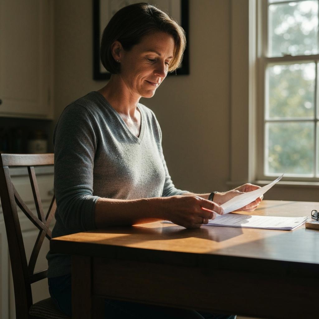 Hopeful heir reviewing property tax exemption documents at a kitchen table in an inherited home in Texas, feeling organized and in control.