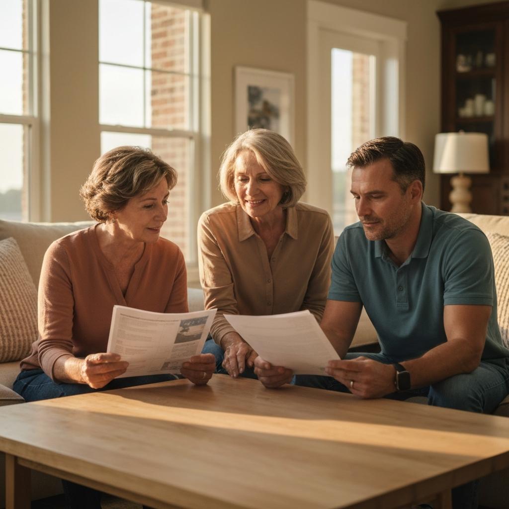 A united multi-generational family calmly discussing property tax exemptions for inherited property documents in their comfortable Texas living room.