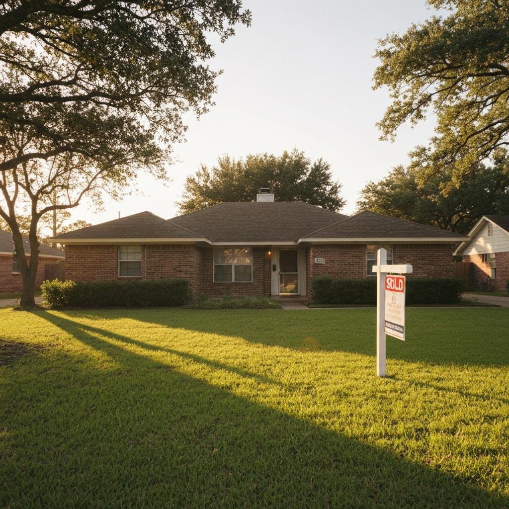 What Are The Tax Implications Of Selling Inherited Property In Texas? Photorealistic image of a classic Texas brick home with a 'Sold' sign in the yard, symbolizing the positive tax implications of selling inherited property.