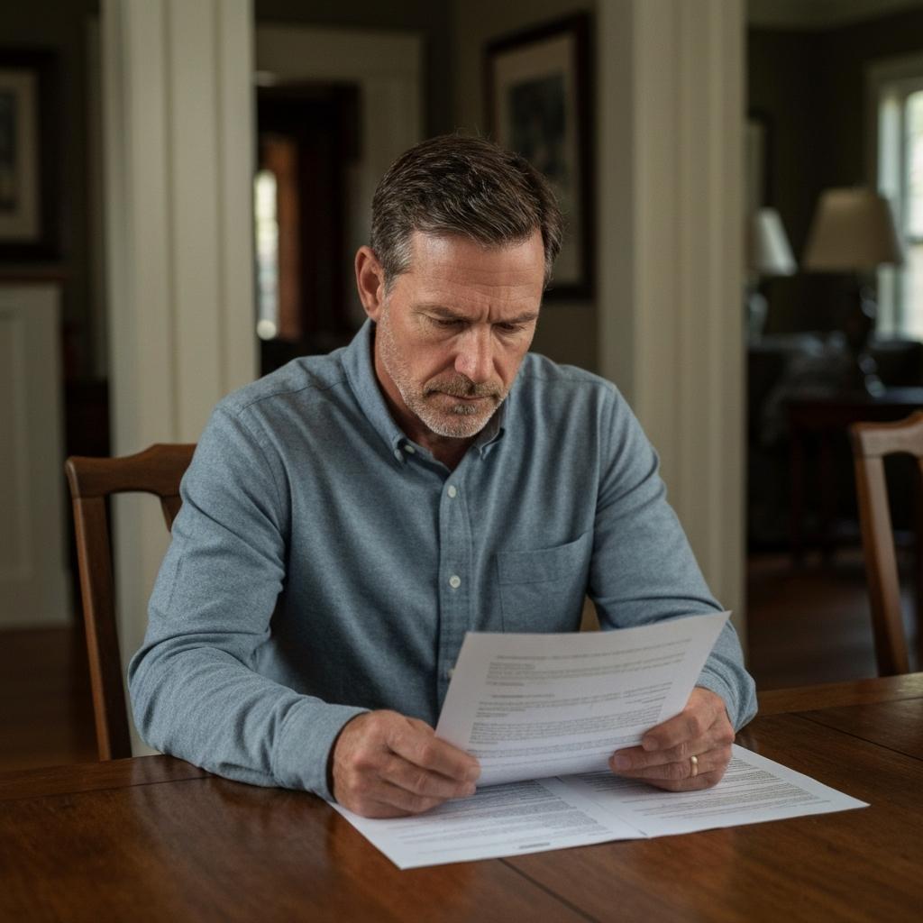 What Rights Do Beneficiaries Have If An Executor Sells Estate Property With Power Of Sale In Texas?  Determined beneficiary reviews legal documents at a dining table, protecting their rights over an estate property sale in a well-lit Texas home.