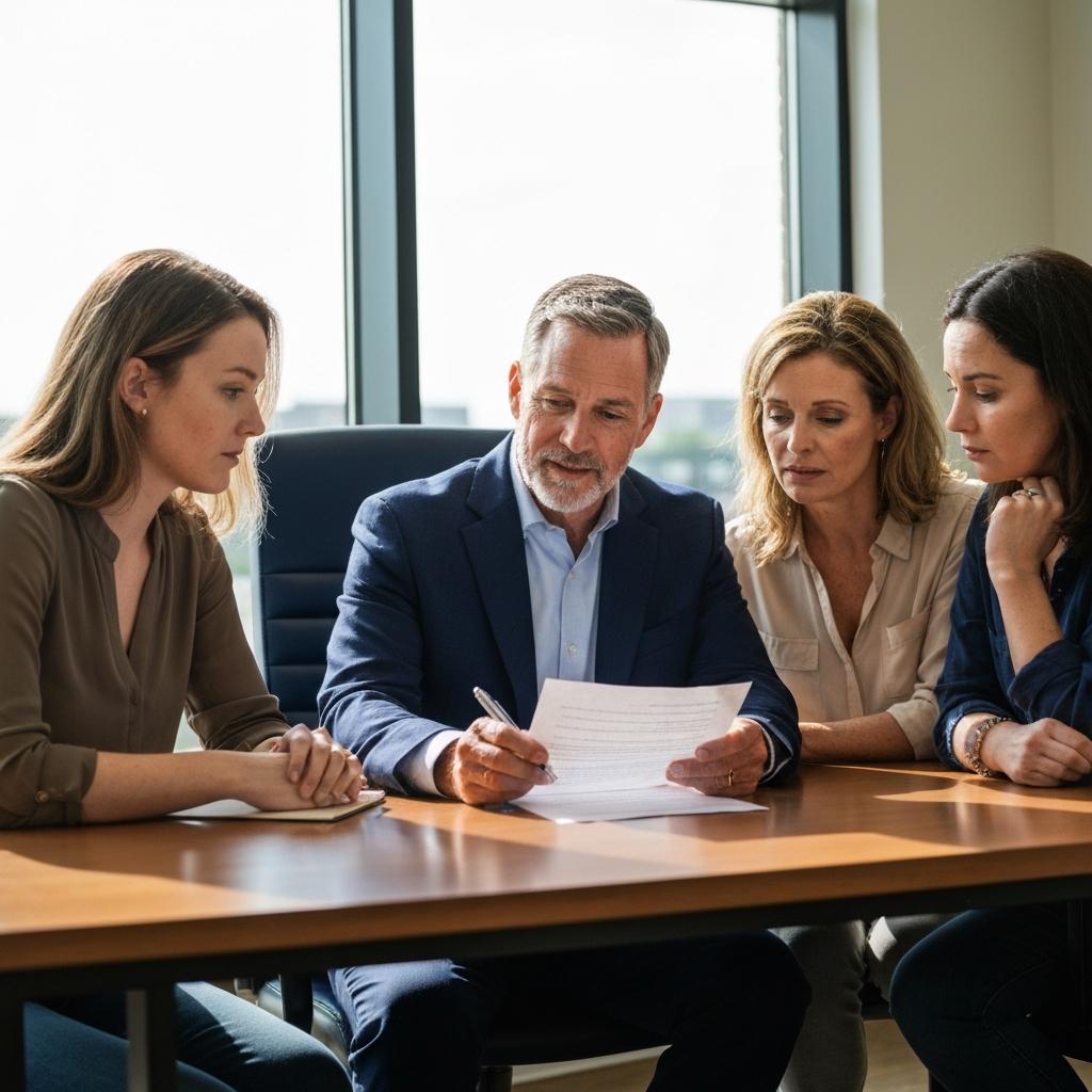 What Rights Do Beneficiaries Have If An Executor Sells Estate Property With Power Of Sale In Texas?  Empathetic Texas probate realtor explains beneficiary rights regarding an executor's power of sale to a mother and daughter in a bright Austin office.