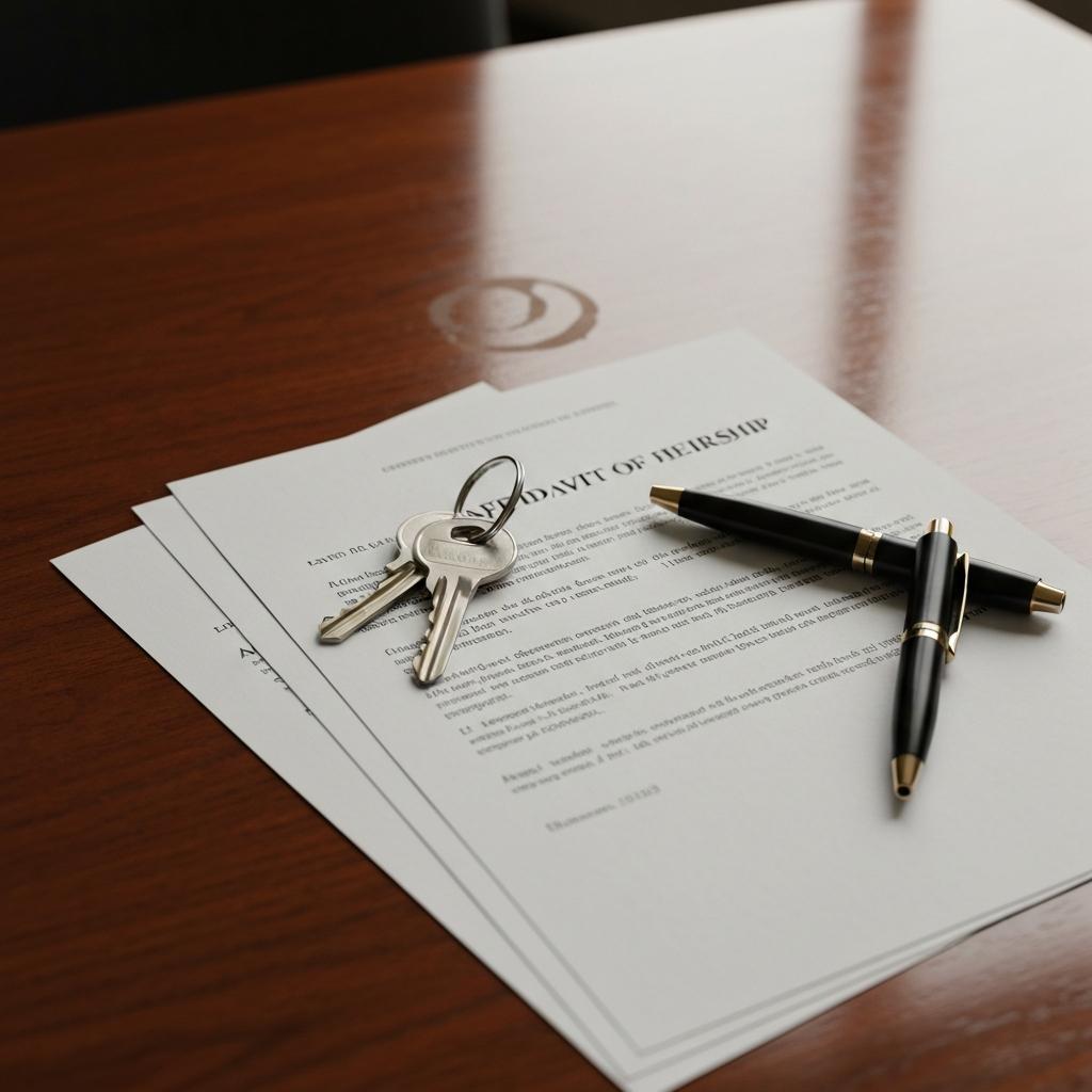 Close-up of legal documents needed to sell property without a will in Texas, with house keys and a pen resting on a wooden desk.