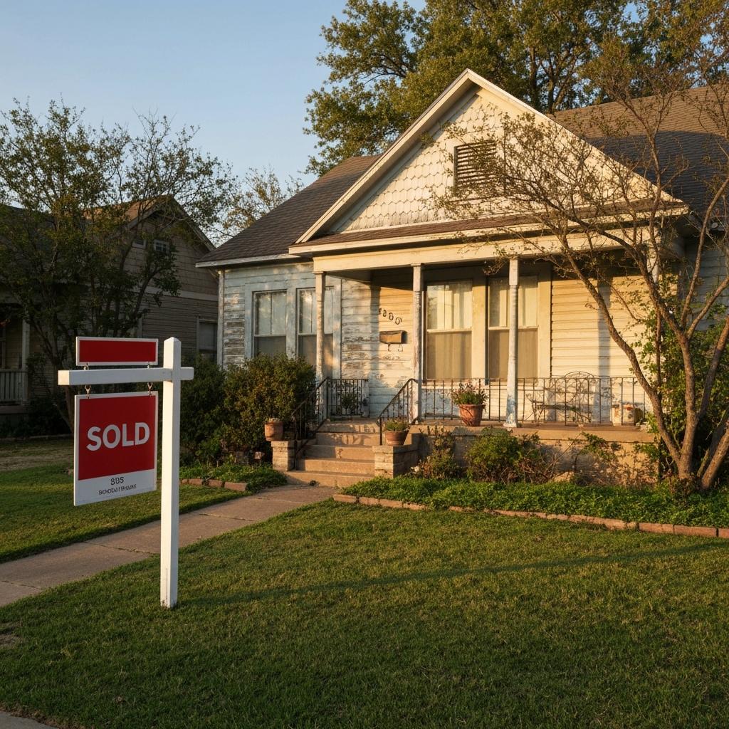 What Rights Do Beneficiaries Have If An Executor Sells Estate Property With Power Of Sale In Texas?  The Probate Realtor - Charming older single-family house after an executor sells estate property, with a sold sign in the front yard in a quiet Texas neighborhood.