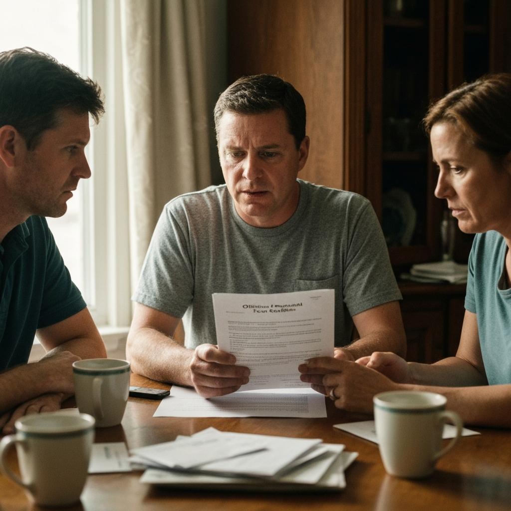 How Are Property Taxes Handled in Texas for Jointly Inherited Homes? The Probate Realtor: Three concerned adult siblings review property taxes for their jointly inherited home at a kitchen table in Texas, feeling the financial pressure.